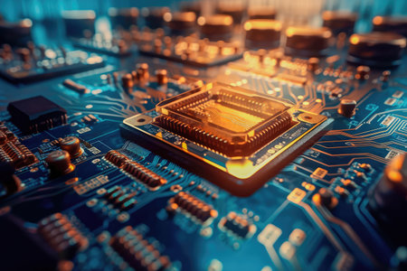 Concept illustration of an electrical printed circuit board. Multicore, gold and blue, super powerful. Generative AI.の素材
