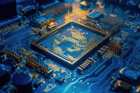 Concept illustration of an electrical printed circuit board. Multicore, gold and blue, super powerful. Generative AI.の素材