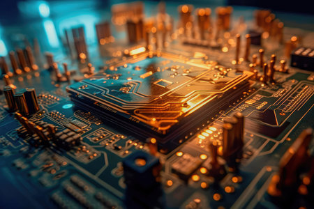 Concept illustration of an electrical printed circuit board. Multicore, gold and blue, super powerful. Generative AI.の素材
