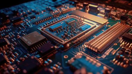 Concept illustration of an electrical printed circuit board. Multicore, gold and blue, super powerful. Generative AI.の素材