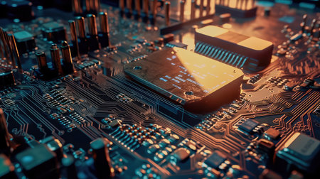 Concept illustration of an electrical printed circuit board. Multicore, gold and blue, super powerful. Generative AI.の素材