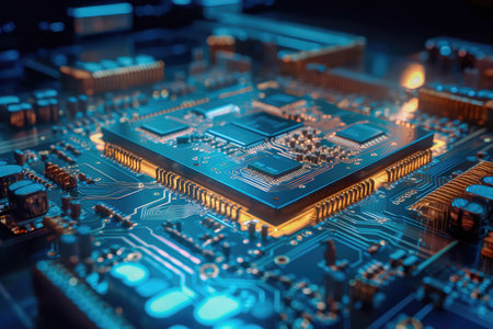 Concept illustration of an electrical printed circuit board. Multicore, gold and blue, super powerful. Generative AI.の素材