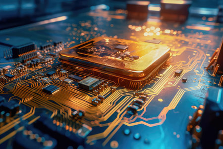 Concept illustration of an electrical printed circuit board. Multicore, gold and blue, super powerful. Generative AI.の素材