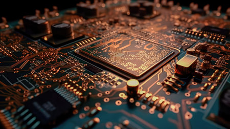 Concept illustration of an electrical printed circuit board. Multicore, gold and blue, super powerful. Generative AI.の素材