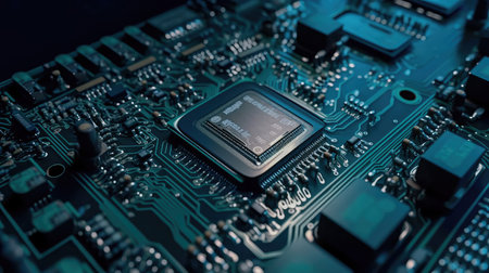 Concept illustration of an electrical printed circuit board. Multicore, gold and blue, super powerful. Generative AI.の素材