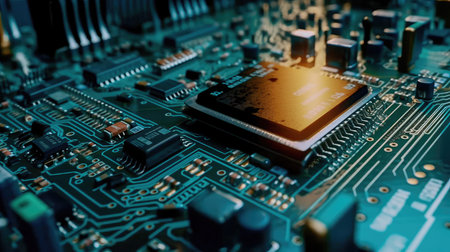 Concept illustration of an electrical printed circuit board. Multicore, gold and blue, super powerful. Generative AI.の素材