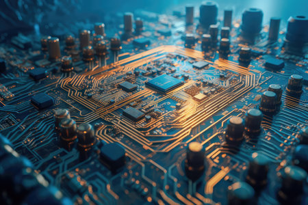 Concept illustration of an electrical printed circuit board. Multicore, gold and blue, super powerful. Generative AI.の素材