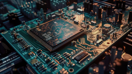 Concept illustration of an electrical printed circuit board. Multicore, gold and blue, super powerful. Generative AI.の素材