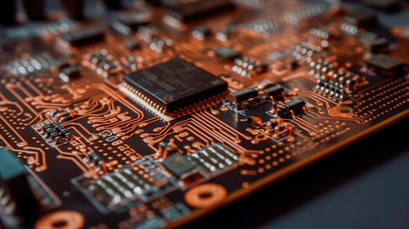 Concept illustration of an electrical printed circuit board. Multicore, gold and blue, super powerful. Generative AI.の素材