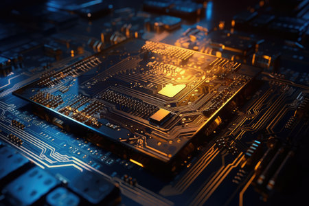 Concept illustration of an electrical printed circuit board. Multicore, gold and blue, super powerful. Generative AI.の素材