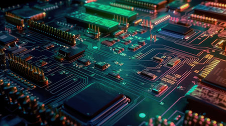 Concept illustration of an electrical printed circuit board. Multicore, gold and blue, super powerful. Generative AI.の素材