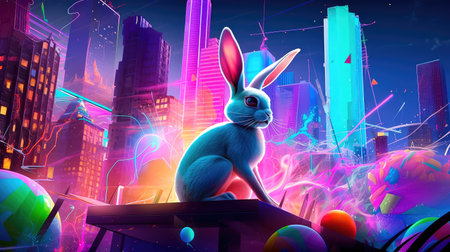Concept illustration of a digital artwork of the Easter Bunny with many colorful Easter eggs, set in a futuristic cityscape. The bunny is surrounded by holographic projections of Easter-themed images, and there are neon lights and futuristic buildings in the background. A digital artwork of the Easter Bunny with many colorful Easter eggs, set in a futuristic cityscape. Generative AIの素材