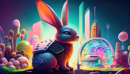 Concept illustration of a digital artwork of the Easter Bunny with many colorful Easter eggs, set in a futuristic cityscape. The bunny is surrounded by holographic projections of Easter-themed images, and there are neon lights and futuristic buildings in the background. A digital artwork of the Easter Bunny with many colorful Easter eggs, set in a futuristic cityscape. Generative AIの素材