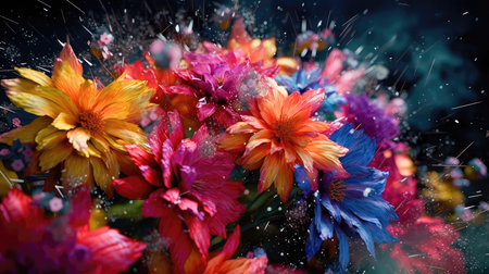 Concept illustration of colorful beautiful bright bouquet of flowers on a black background. Generative AIの素材
