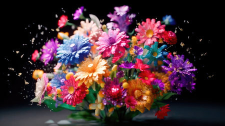 Concept illustration of colorful beautiful bright bouquet of flowers on a black background. Generative AIの素材