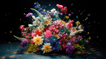 Concept illustration of colorful beautiful bright bouquet of flowers on a black background. Generative AIの素材