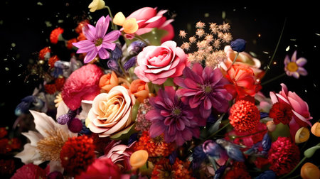 Concept illustration of colorful beautiful bright bouquet of flowers on a black background. Generative AIの素材