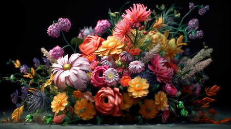 Concept illustration of colorful beautiful bright bouquet of flowers on a black background. Generative AIの素材