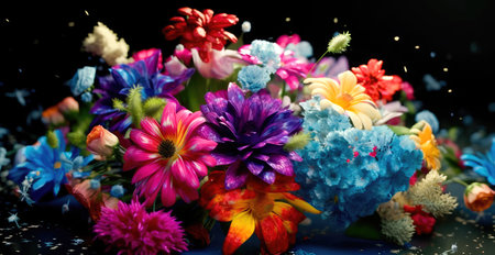 Concept illustration of colorful beautiful bright bouquet of flowers on a black background. Generative AIの素材