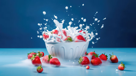 Concept illustration of strawberries falling into a bowl of milk on a blue background. Generative AIの素材