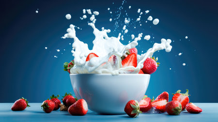 Concept illustration of strawberries falling into a bowl of milk on a blue background. Generative AIの素材