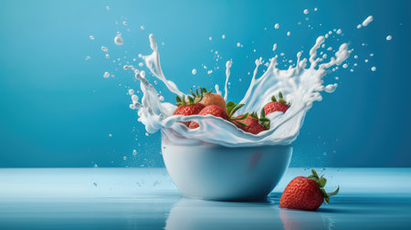 Concept illustration of strawberries falling into a bowl of milk on a blue background. Generative AIの素材