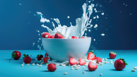 Concept illustration of strawberries falling into a bowl of milk on a blue background. Generative AIの素材