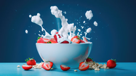 Concept illustration of strawberries falling into a bowl of milk on a blue background. Generative AIの素材