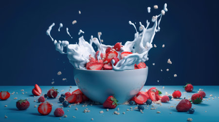 Concept illustration of strawberries falling into a bowl of milk on a blue background. Generative AIの素材