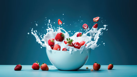 Concept illustration of strawberries falling into a bowl of milk on a blue background. Generative AIの素材