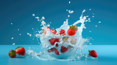 Concept illustration of strawberries falling into a bowl of milk on a blue background. Generative AIの素材