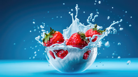 Concept illustration of strawberries falling into a bowl of milk on a blue background. Generative AIの素材