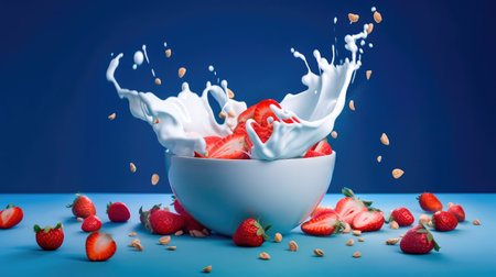 Concept illustration of strawberries falling into a bowl of milk on a blue background. Generative AIの素材