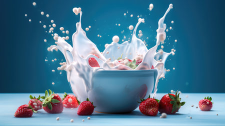 Concept illustration of strawberries falling into a bowl of milk on a blue background. Generative AIの素材