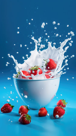 Concept illustration of strawberries falling into a bowl of milk on a blue background. Generative AIの素材