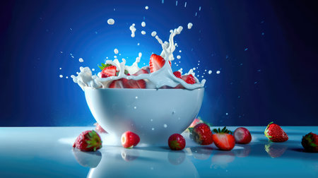 Concept illustration of strawberries falling into a bowl of milk on a blue background. Generative AIの素材