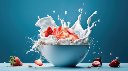 Concept illustration of strawberries falling into a bowl of milk on a blue background. Generative AIの素材