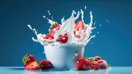Concept illustration of strawberries falling into a bowl of milk on a blue background. Generative AIの素材