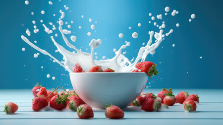 Concept illustration of strawberries falling into a bowl of milk on a blue background. Generative AIの素材