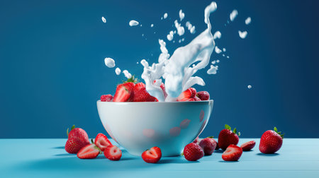 Concept illustration of strawberries falling into a bowl of milk on a blue background. Generative AIの素材