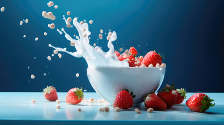 Concept illustration of strawberries falling into a bowl of milk on a blue background. Generative AIの素材