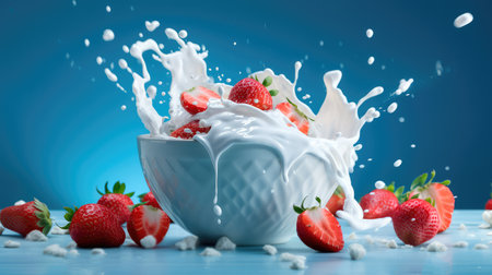 Concept illustration of strawberries falling into a bowl of milk on a blue background. Generative AIの素材