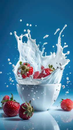 Concept illustration of strawberries falling into a bowl of milk on a blue background. Generative AIの素材