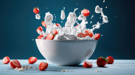 Concept illustration of strawberries falling into a bowl of milk on a blue background. Generative AIの素材