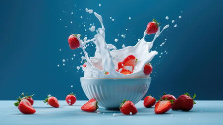 Concept illustration of strawberries falling into a bowl of milk on a blue background. Generative AIの素材