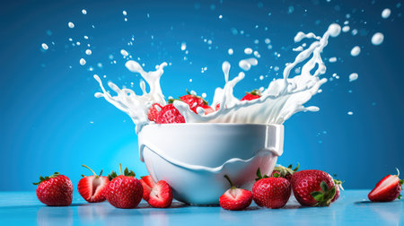 Concept illustration of strawberries falling into a bowl of milk on a blue background. Generative AIの素材