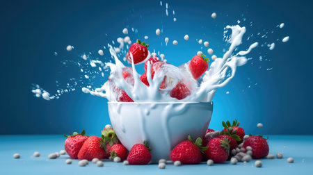 Concept illustration of strawberries falling into a bowl of milk on a blue background. Generative AIの素材