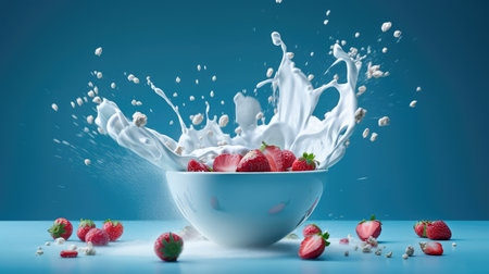 Concept illustration of strawberries falling into a bowl of milk on a blue background. Generative AIの素材