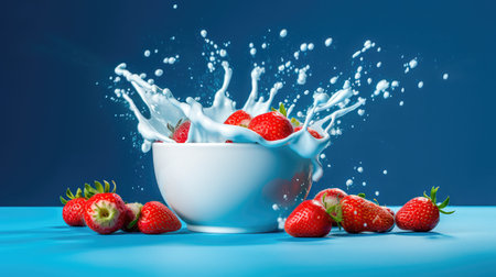Concept illustration of strawberries falling into a bowl of milk on a blue background. Generative AIの素材