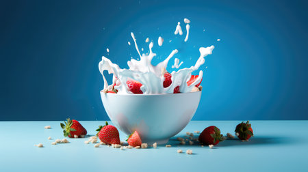 Concept illustration of strawberries falling into a bowl of milk on a blue background. Generative AIの素材